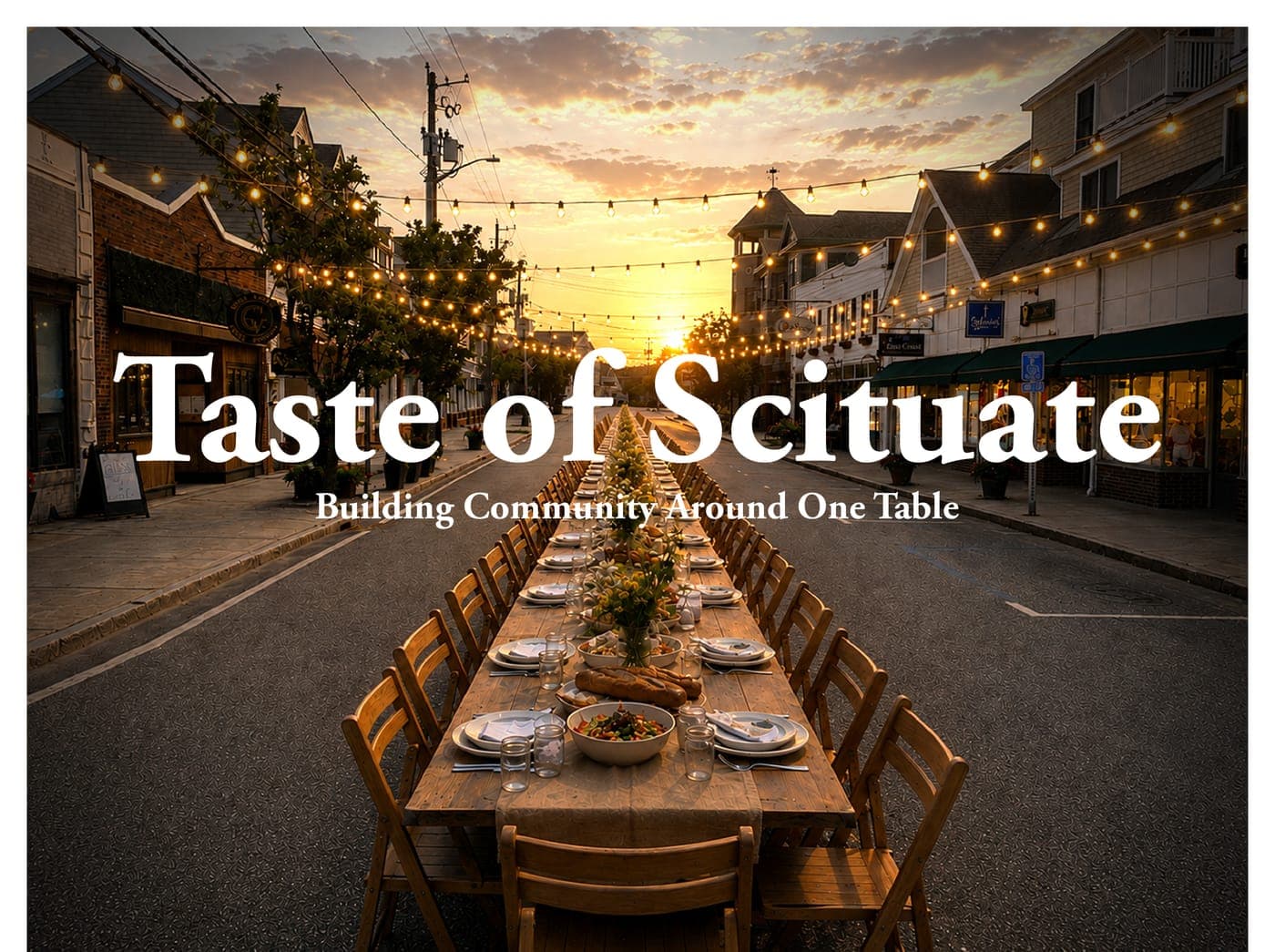 Front Street in Scituate Harbor at sunset, set with a long communal dinner table under string lights